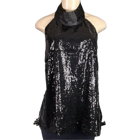 New York & Co. +4X Black Sequin Lined High Satin Neck Open Back Halter Blouse - Picture 2 of 6